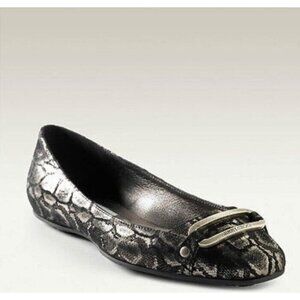 Jimmy Choo TULITA Shimmer SNAKE Logo Buckle Flats EU 37 US 7 Black Silver